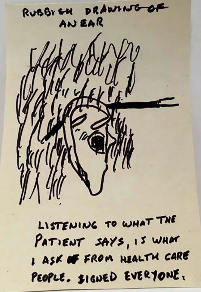 Drawing of a human ear with words about listening to the patient